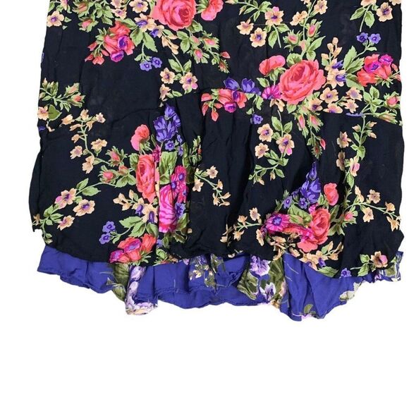Vintage 90s Reversible Floral Maxi Skirt L Black Blue Elastic Waist Grunge Boho - Picture 3 of 7